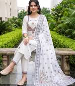 women ethnic motifs embroidered regular thread work cotton kurta with trousers & with dupatta