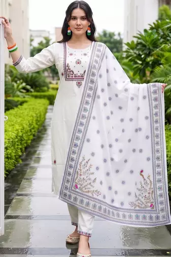 women ethnic motifs embroidered regular thread work cotton kurta with trousers & with dupatta