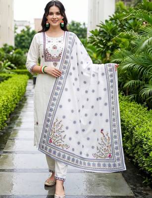women ethnic motifs embroidered regular thread work cotton kurta with trousers & with dupatta 5