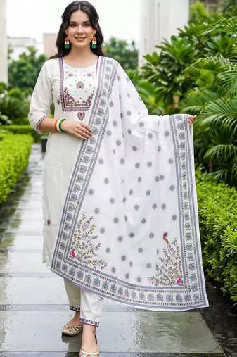 women ethnic motifs embroidered regular thread work cotton kurta with trousers & with dupatta