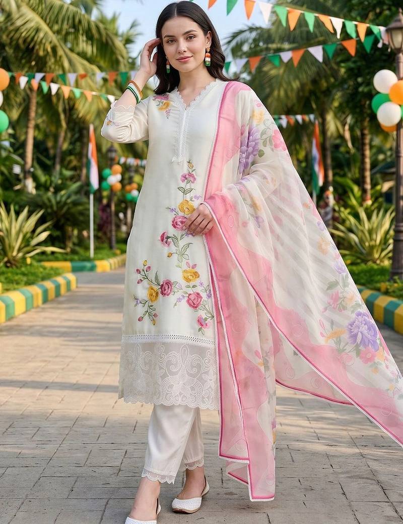 women floral embroidered regular thread work kurta with trousers & with dupatta