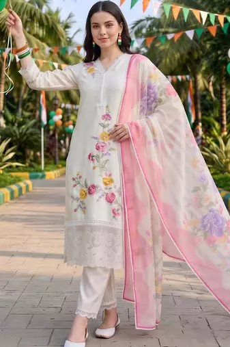women floral embroidered regular thread work kurta with trousers & with dupatta