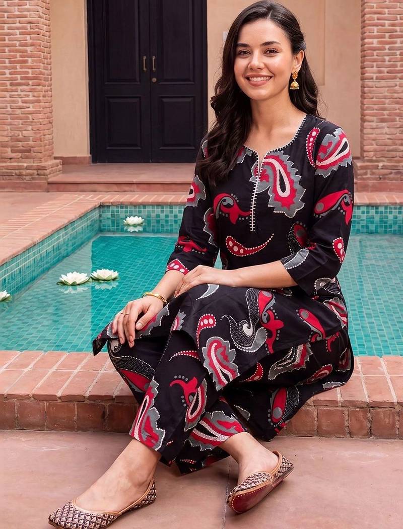 women paisley printed regular cotton kurta with trousers