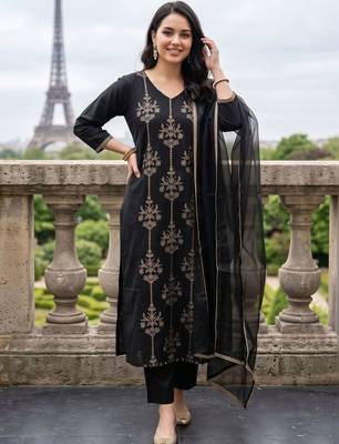 women ethnic motifs embroidered regular thread work liva kurta with trousers & with dupatta 1