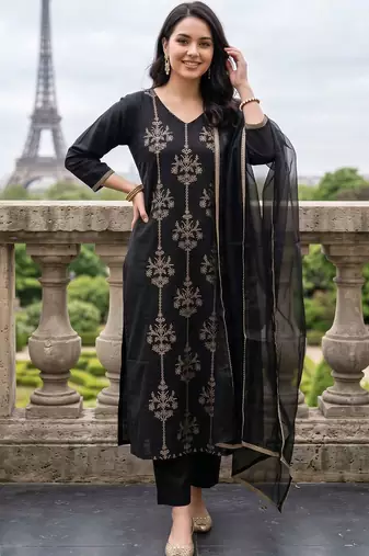 women ethnic motifs embroidered regular thread work liva kurta with trousers & with dupatta