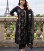 women ethnic motifs embroidered regular thread work liva kurta with trousers & with dupatta