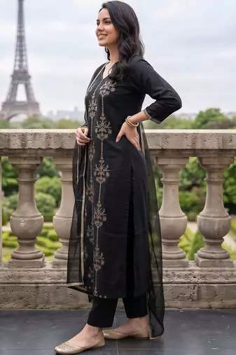 women ethnic motifs embroidered regular thread work liva kurta with trousers & with dupatta