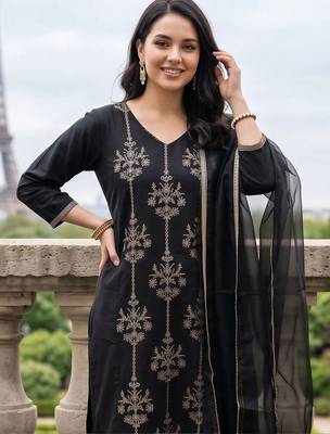 women ethnic motifs embroidered regular thread work liva kurta with trousers & with dupatta 3