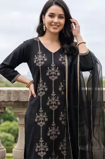 women ethnic motifs embroidered regular thread work liva kurta with trousers & with dupatta