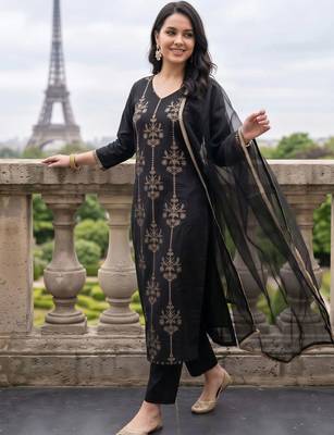 women ethnic motifs embroidered regular thread work liva kurta with trousers & with dupatta 4