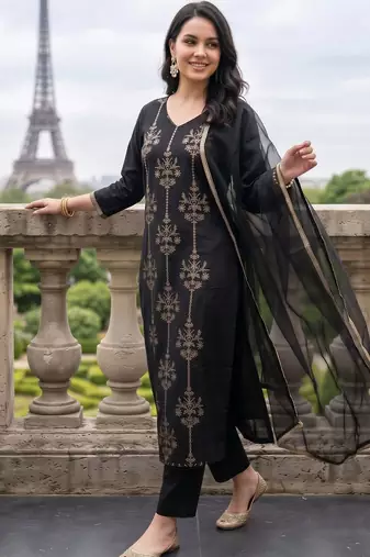 women ethnic motifs embroidered regular thread work liva kurta with trousers & with dupatta