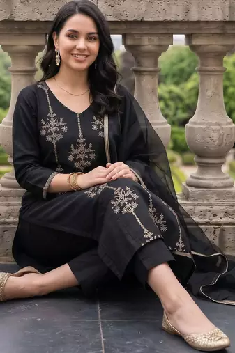 women ethnic motifs embroidered regular thread work liva kurta with trousers & with dupatta