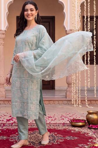 women ethnic motifs embroidered regular thread work kurta with trousers & with dupatta