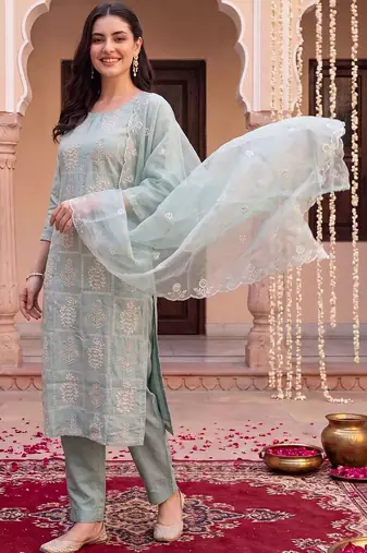 women ethnic motifs embroidered regular thread work kurta with trousers & with dupatta
