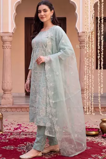 women ethnic motifs embroidered regular thread work kurta with trousers & with dupatta
