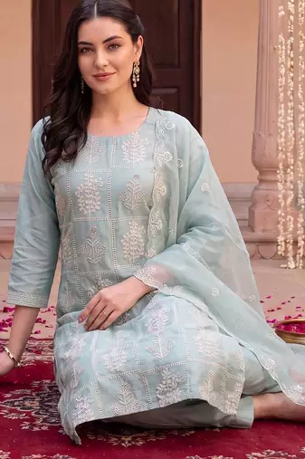 women ethnic motifs embroidered regular thread work kurta with trousers & with dupatta