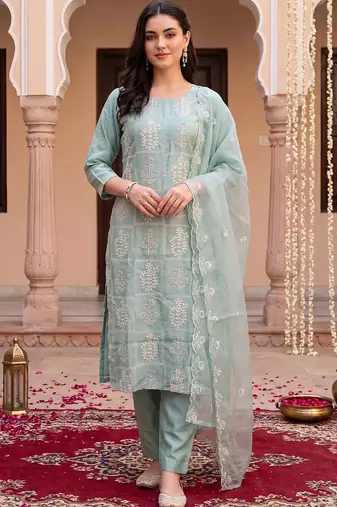 women ethnic motifs embroidered regular thread work kurta with trousers & with dupatta