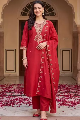 women ethnic motifs embroidered regular thread work kurta with trousers & with dupatta