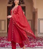women ethnic motifs embroidered regular thread work kurta with trousers & with dupatta