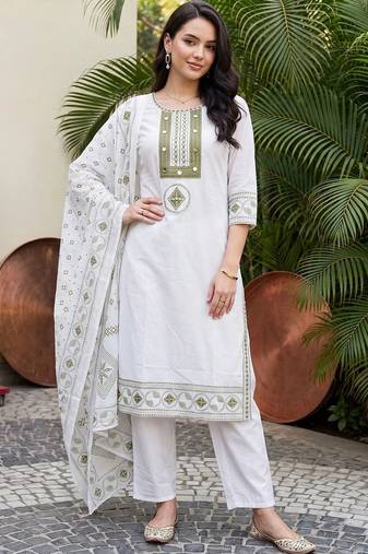 women ethnic motifs embroidered regular thread work cotton kurta with trousers & with dupatta