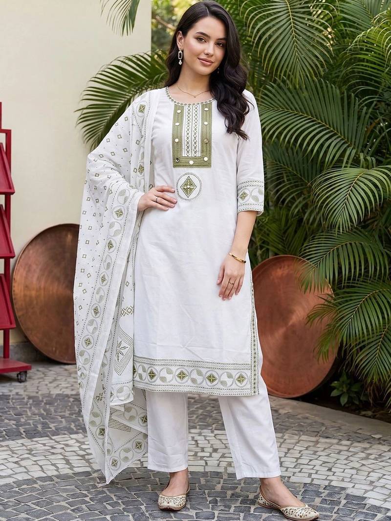 women ethnic motifs embroidered regular thread work cotton kurta with trousers & with dupatta