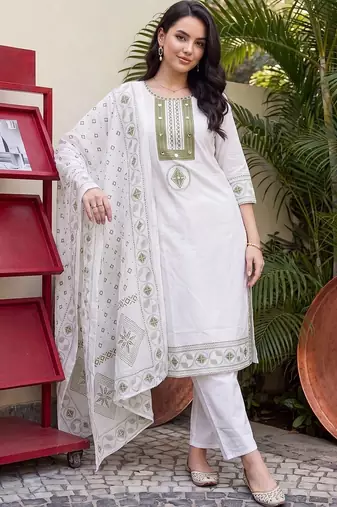 women ethnic motifs embroidered regular thread work cotton kurta with trousers & with dupatta