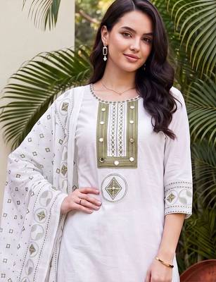 women ethnic motifs embroidered regular thread work cotton kurta with trousers & with dupatta 4