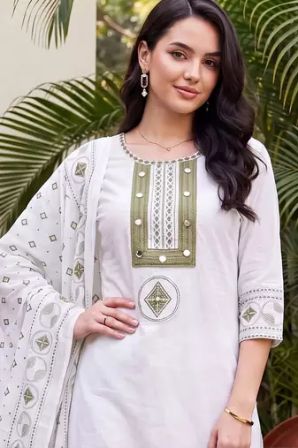 women ethnic motifs embroidered regular thread work cotton kurta with trousers & with dupatta