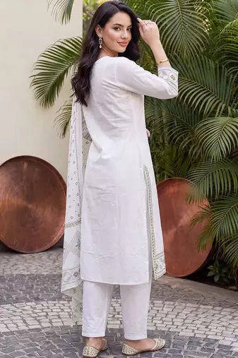 women ethnic motifs embroidered regular thread work cotton kurta with trousers & with dupatta