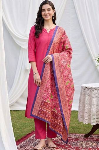 women ethnic motifs regular kurta with trousers & with dupatta