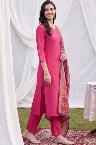women ethnic motifs regular kurta with trousers & with dupatta