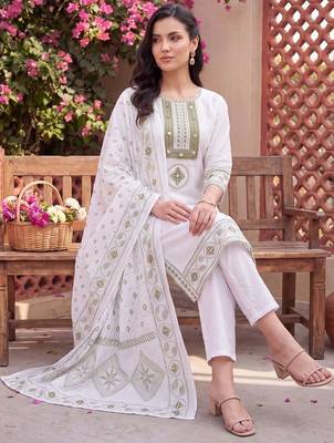 women ethnic motifs embroidered regular thread work cotton kurta with trousers & with dupatta 1