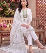 women ethnic motifs embroidered regular thread work cotton kurta with trousers & with dupatta
