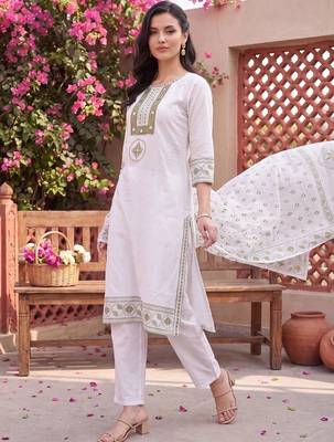 women ethnic motifs embroidered regular thread work cotton kurta with trousers & with dupatta 2