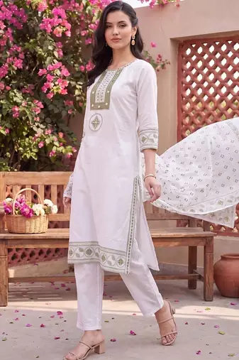 women ethnic motifs embroidered regular thread work cotton kurta with trousers & with dupatta