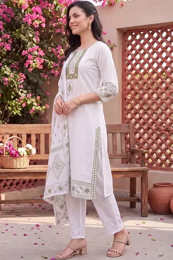 women ethnic motifs embroidered regular thread work cotton kurta with trousers & with dupatta