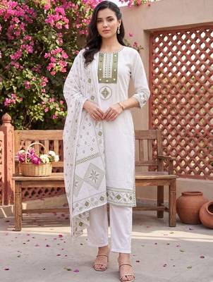 women ethnic motifs embroidered regular thread work cotton kurta with trousers & with dupatta 5