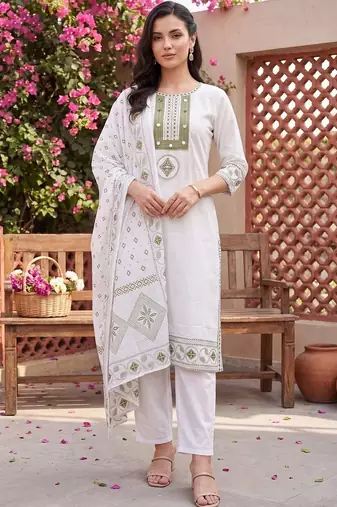 women ethnic motifs embroidered regular thread work cotton kurta with trousers & with dupatta