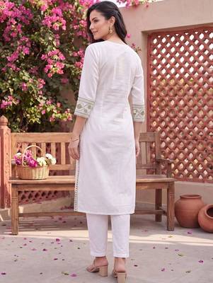 women ethnic motifs embroidered regular thread work cotton kurta with trousers & with dupatta 6
