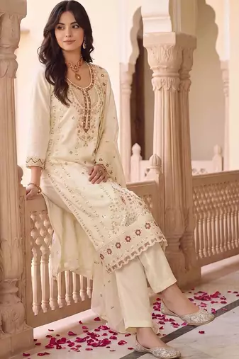 women ethnic motifs embroidered regular kurta with trousers & with dupatta