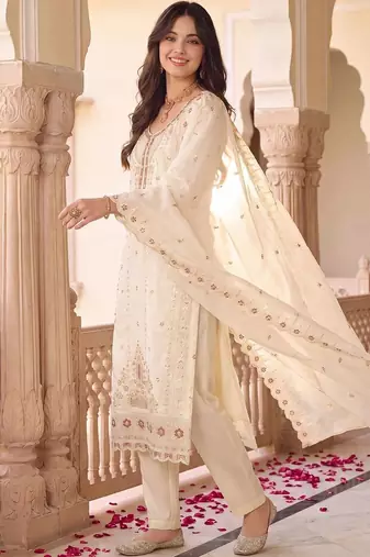 women ethnic motifs embroidered regular kurta with trousers & with dupatta