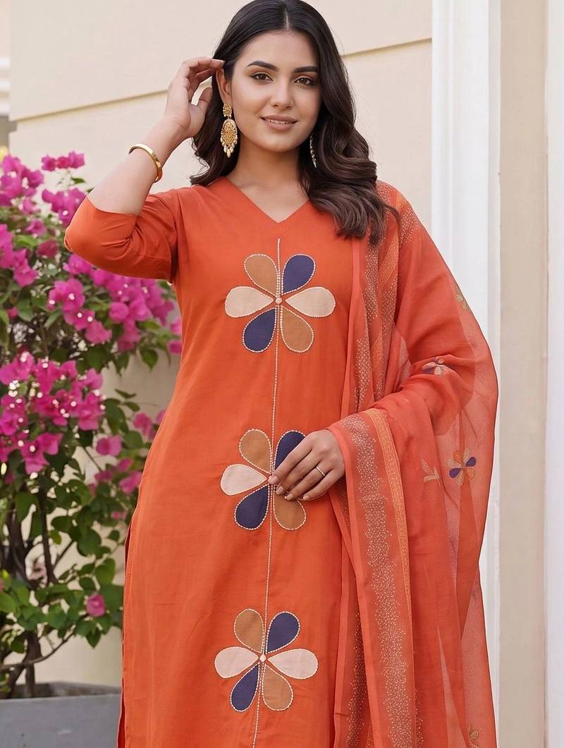women floral embroidered regular cotton kurta with trousers & with dupatta