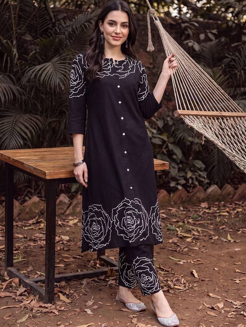 women floral printed regular cotton kurta with trousers