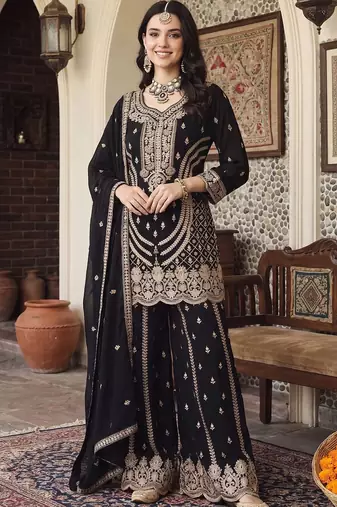 women ethnic motifs embroidered regular thread work kurta with sharara & with dupatta