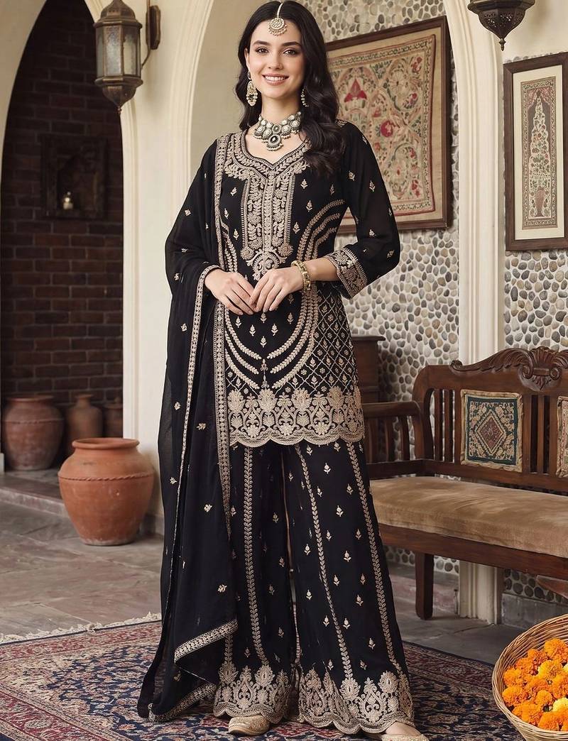 women ethnic motifs embroidered regular thread work kurta with sharara & with dupatta