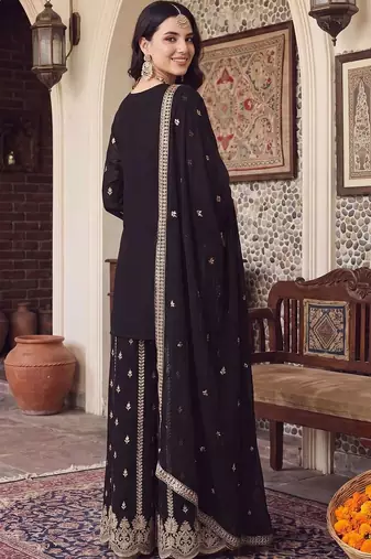 women ethnic motifs embroidered regular thread work kurta with sharara & with dupatta