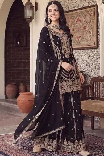 women ethnic motifs embroidered regular thread work kurta with sharara & with dupatta
