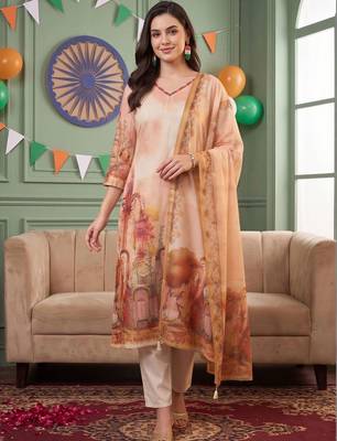 women ethnic motifs printed regular thread work linen kurta with trousers & with dupatta 1