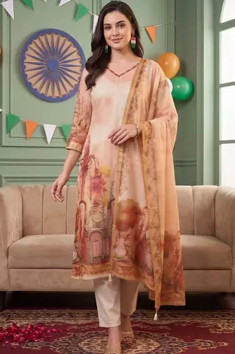 women ethnic motifs printed regular thread work linen kurta with trousers & with dupatta