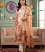 women ethnic motifs printed regular thread work linen kurta with trousers & with dupatta